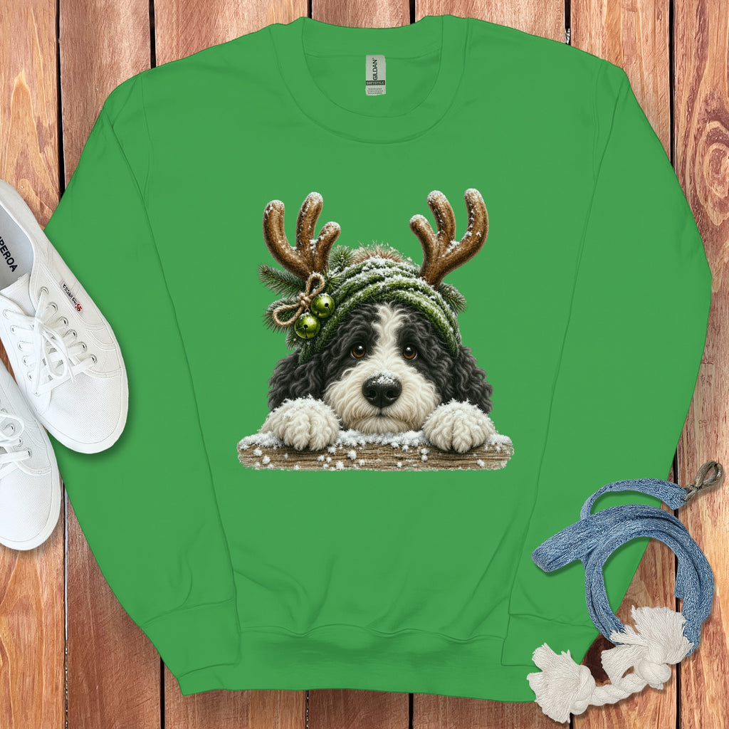 Green sweatshirt with a Christmas-themed dog graphic wearing antlers and a hat.