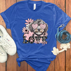 Blue T-shirt with Dog Love Always Heart Sunglasses Design