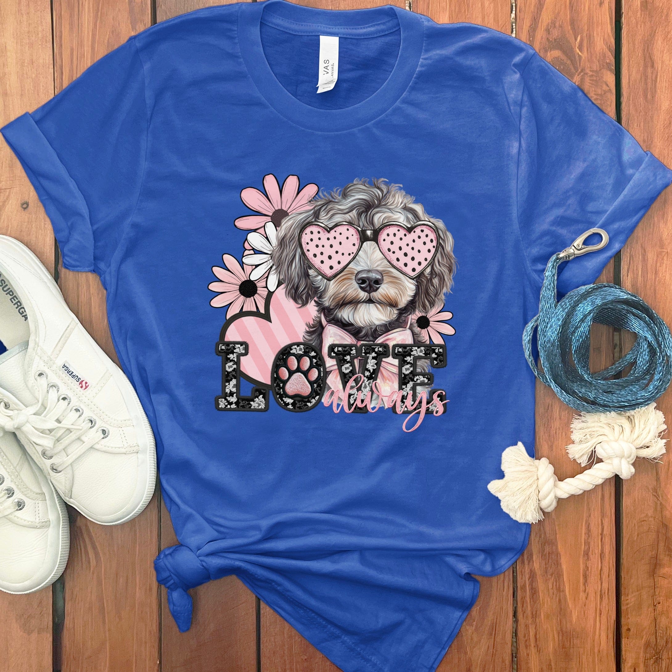 Blue T-shirt with Dog Love Always Heart Sunglasses Design
