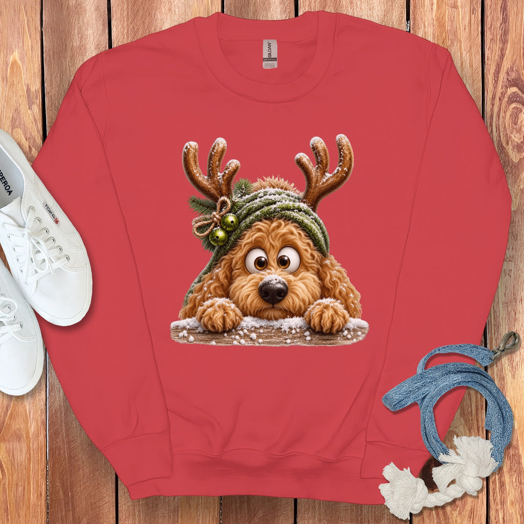 Red sweatshirt with a cartoon dog wearing reindeer antlers and a green hat.