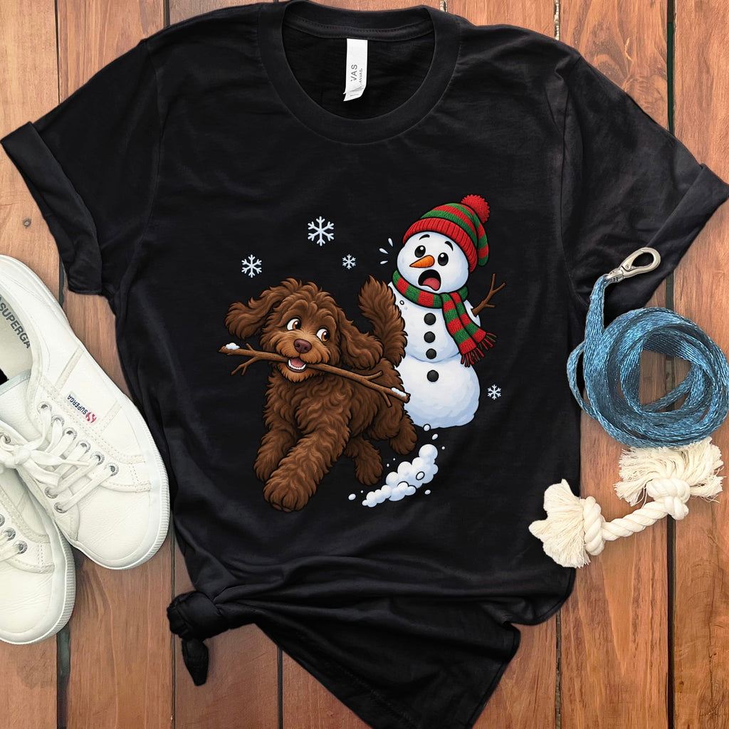 Chocolate Goldendoodle Snowman T-Shirt in Black / S by Puppy Jo