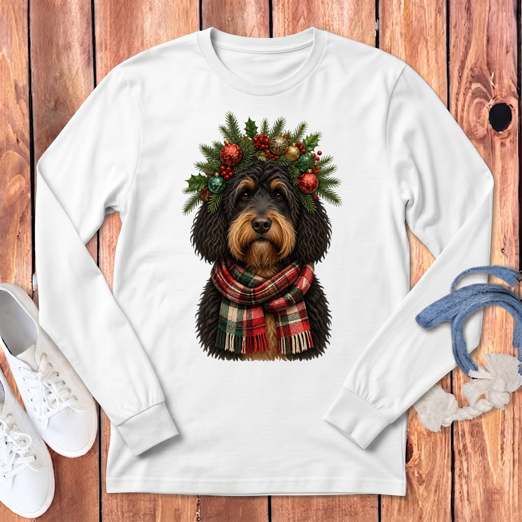 Phantom Goldendoodle Holiday Crown Long Sleeve T-Shirt in White / S by MyDesigns