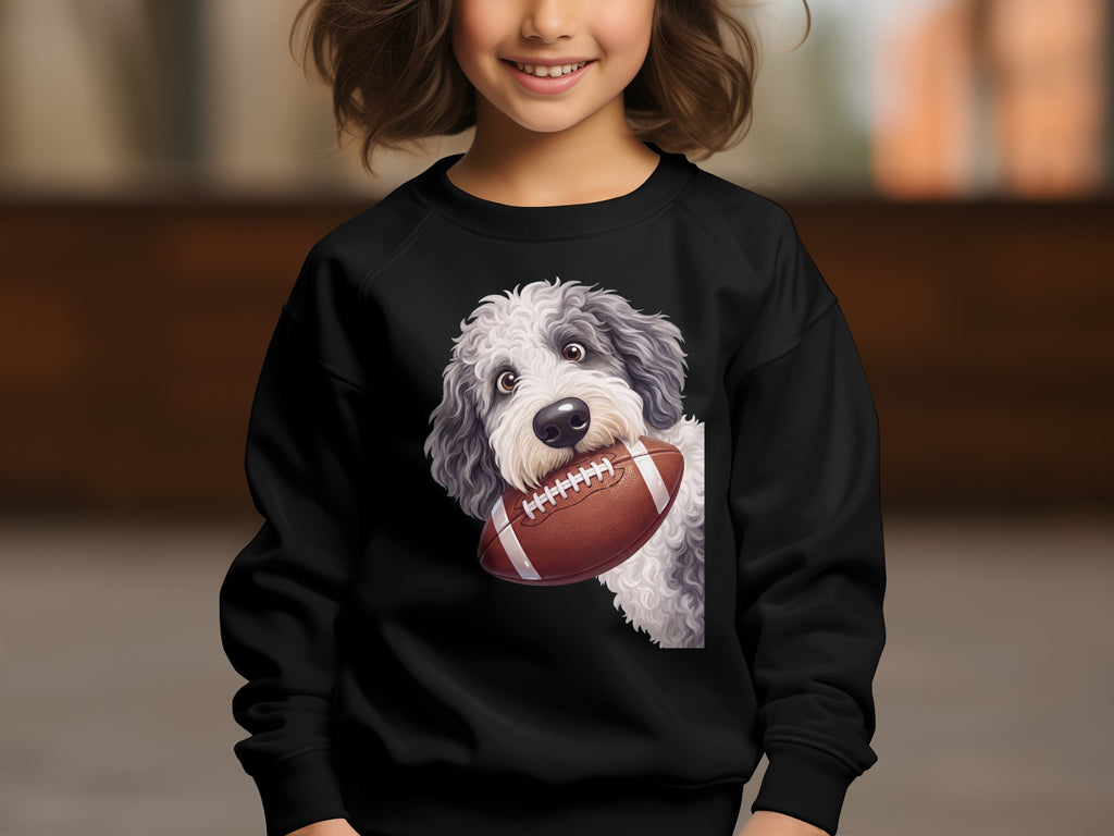 Black sweatshirt with a doodle dog holding a football graphic.