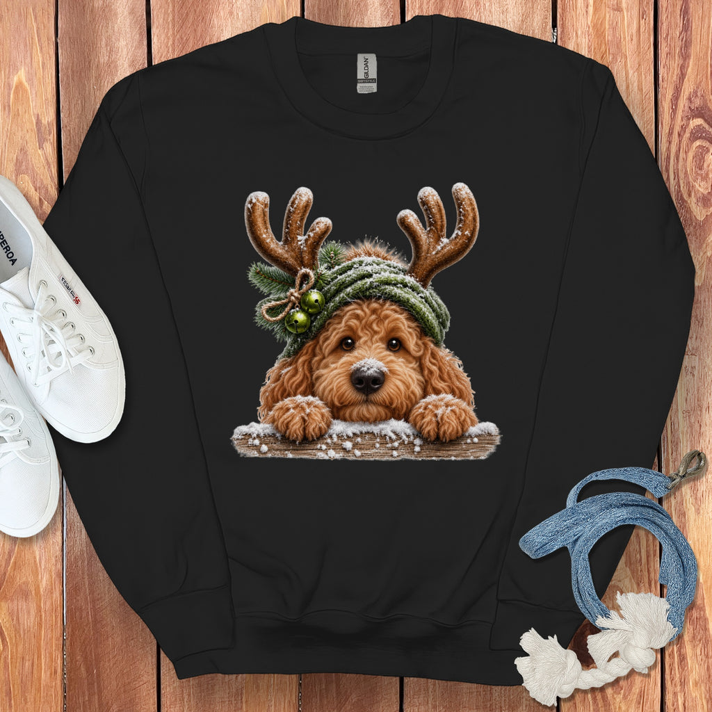 Black sweatshirt with a doodle dog wearing antlers and a green hat with bells.