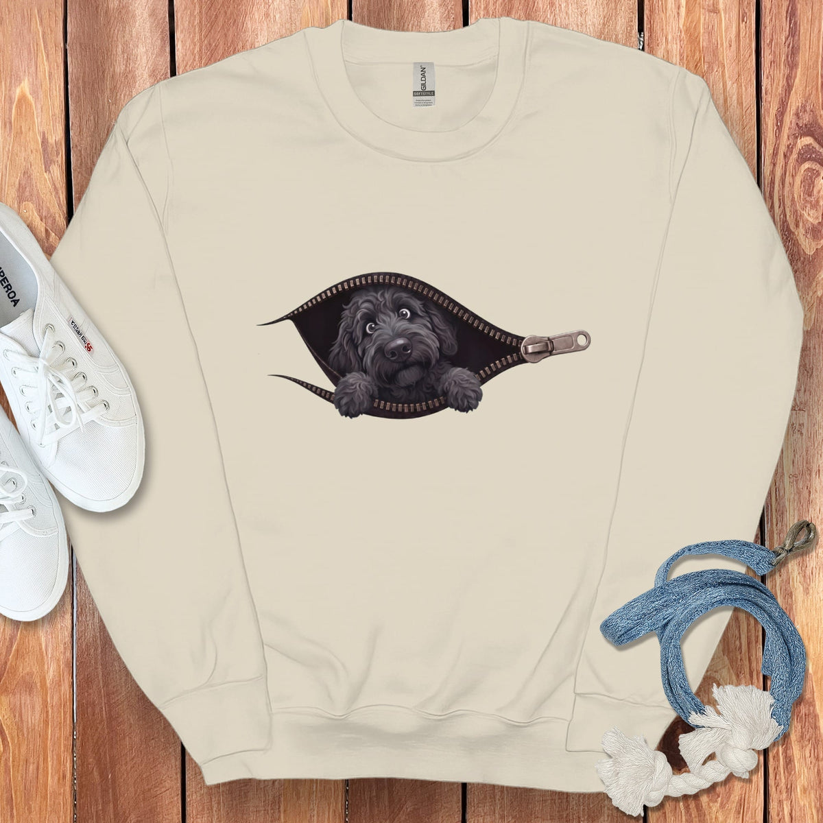Black Goldendoodle Peeking Zipper Sweatshirt in Sand / S by Puppy Jo