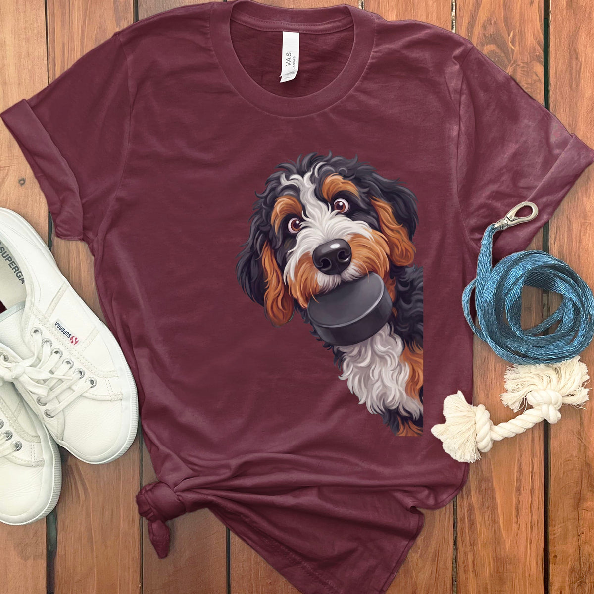 Bernedoodle Hockey Puck T-Shirt in Maroon / S by Puppy Jo