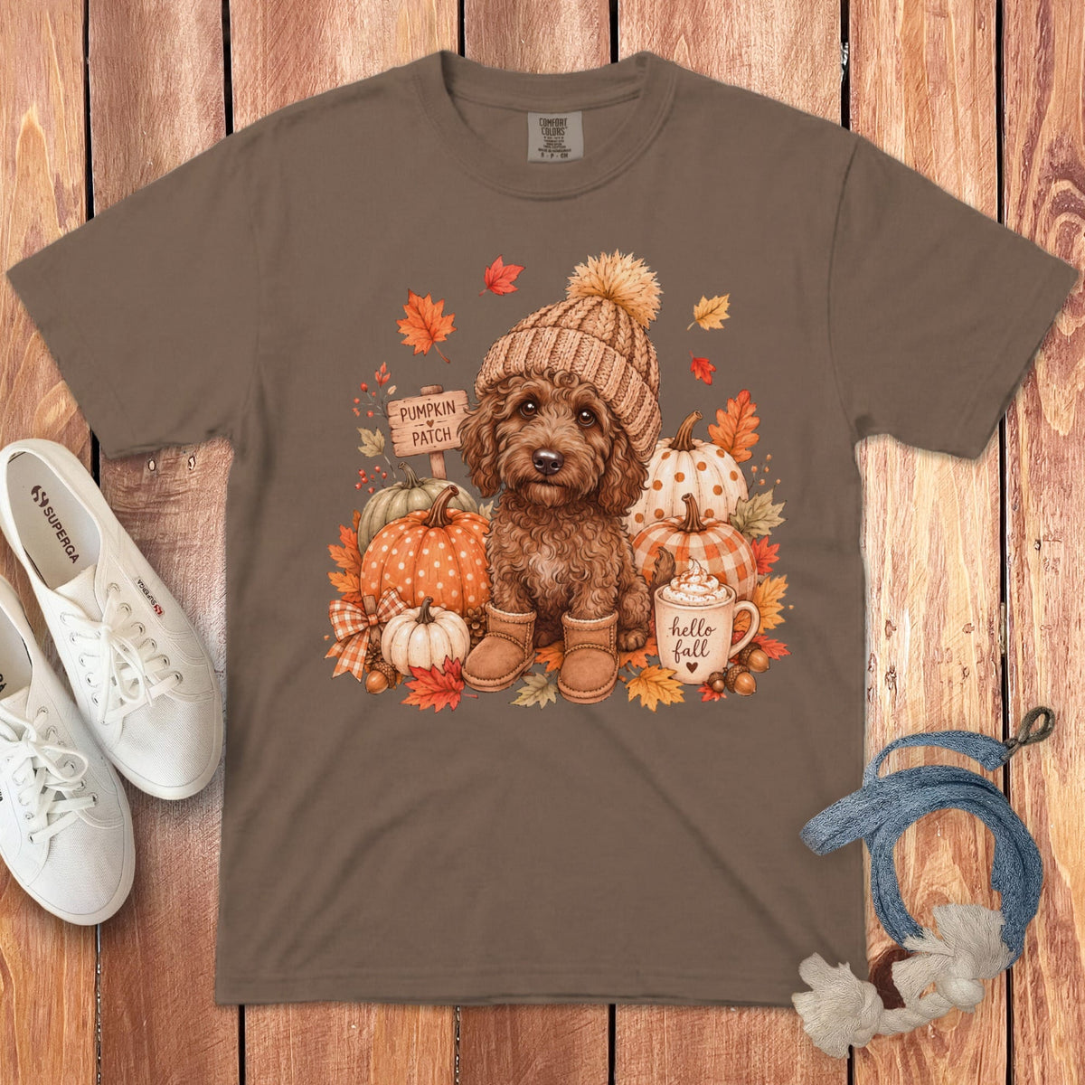 Chocolate Goldendoodle Pumpkin Patch Signature T-Shirt in Espresso / S by Puppy Jo