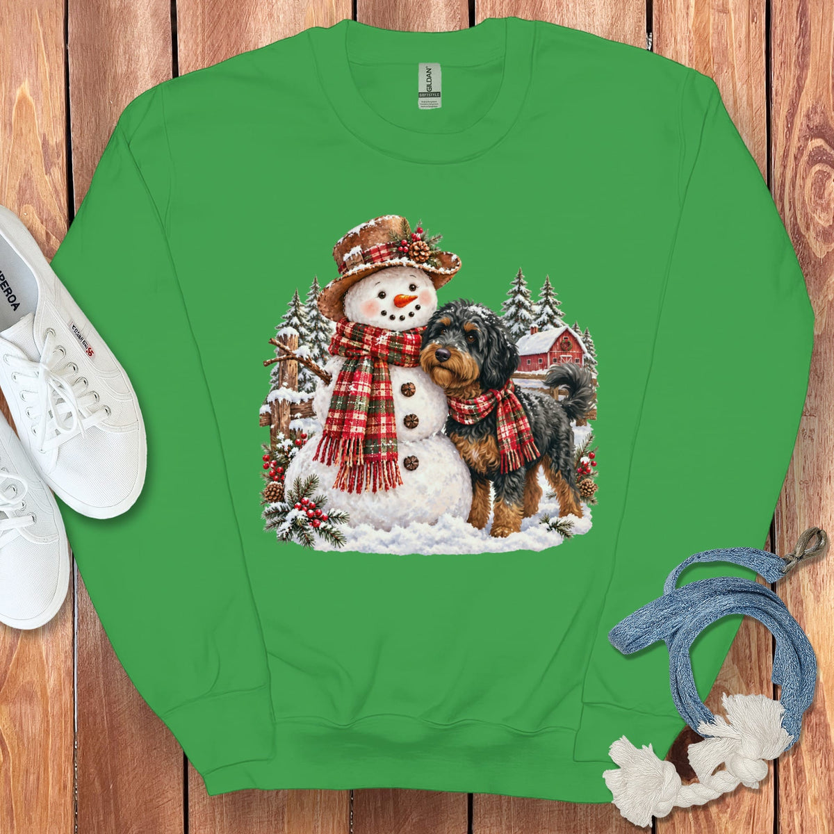 Phantom Goldendoodle Christmas Snowman Sweatshirt in Irish Green / S by Puppy Jo