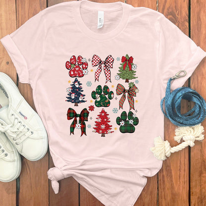 Variety Paw Print and Bow Holiday Design T-shirt