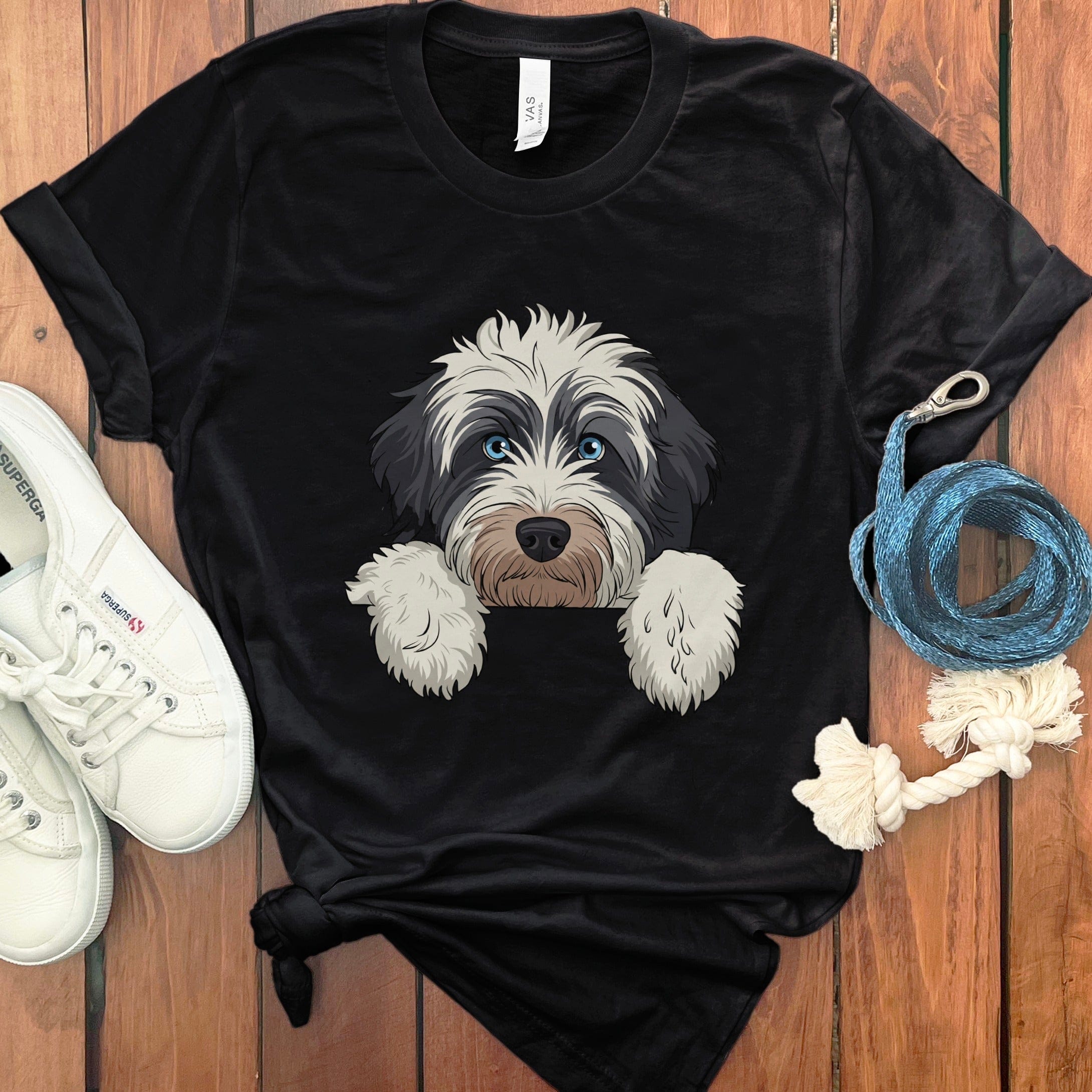 Adorable Shaggy Dog Print on Casual Black Tee