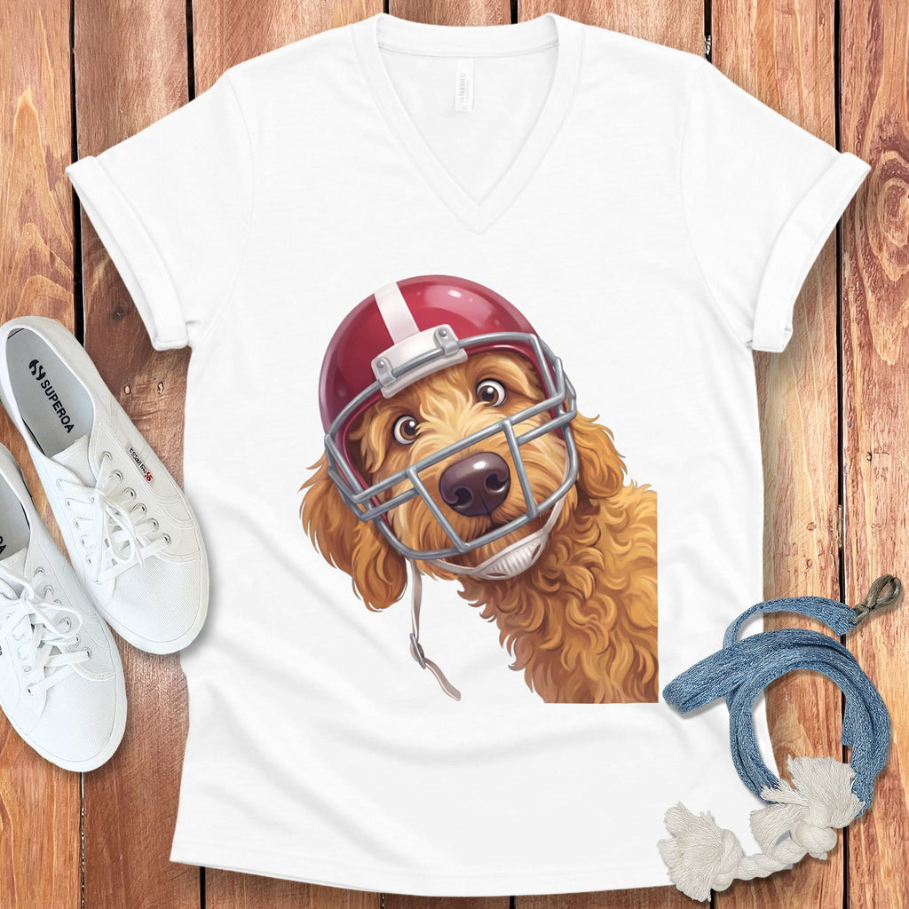 Apricot Goldendoodle Football Helmet V-Neck T-Shirt in White / S by Puppy Jo
