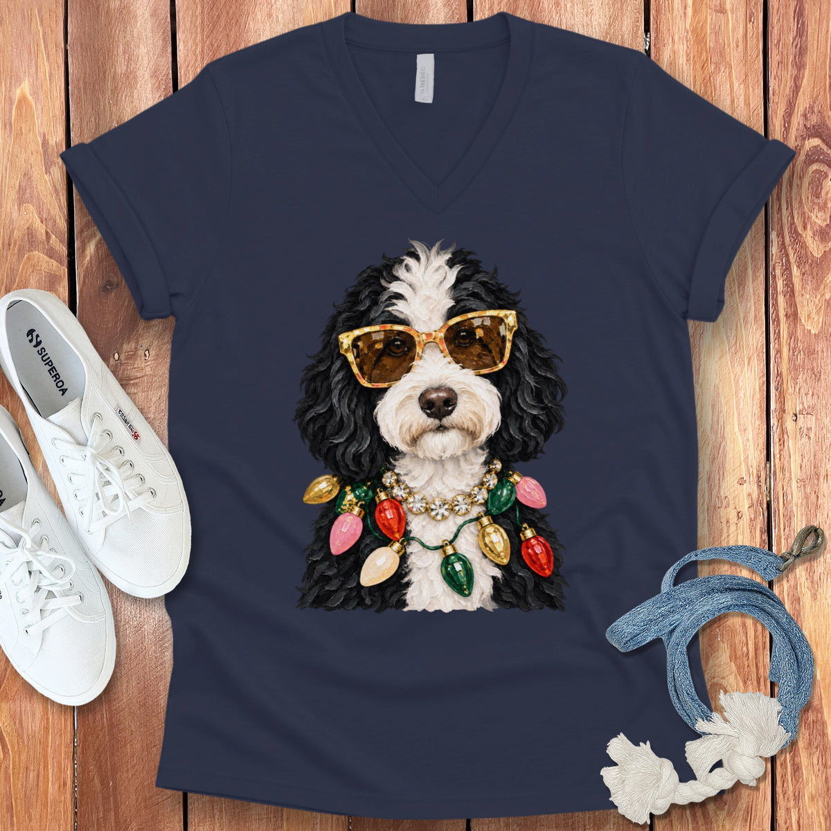 Black and white dog wearing sunglasses and a Christmas light necklace on navy shirt.