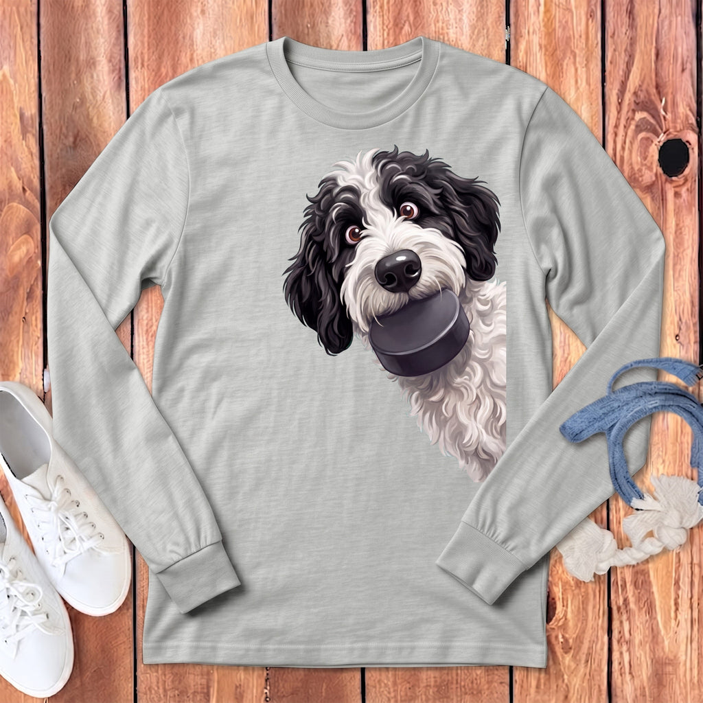 Sheepadoodle Hockey Puck Long Sleeve T-Shirt in Athletic Heather / S by Puppy Jo