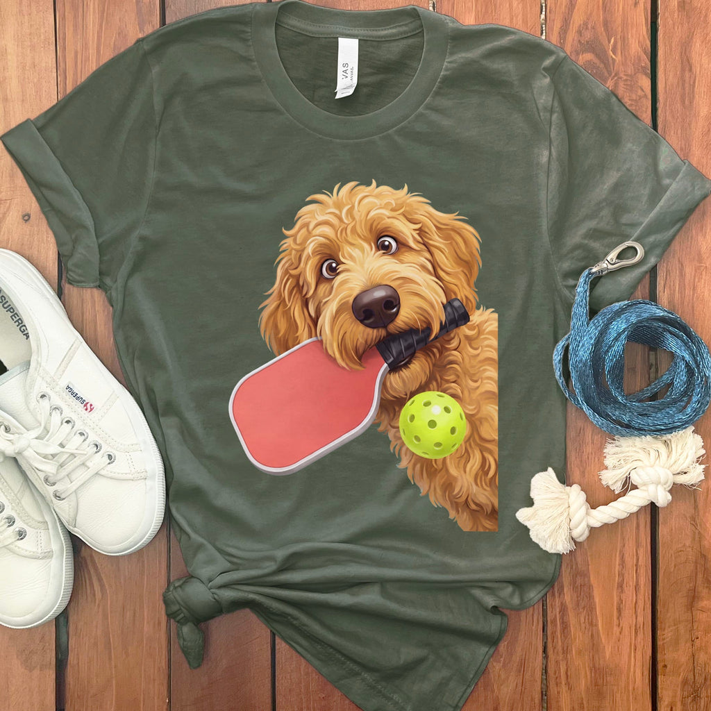 Golden Goldendoodle Pickleball T-Shirt in Military Green / S by Puppy Jo