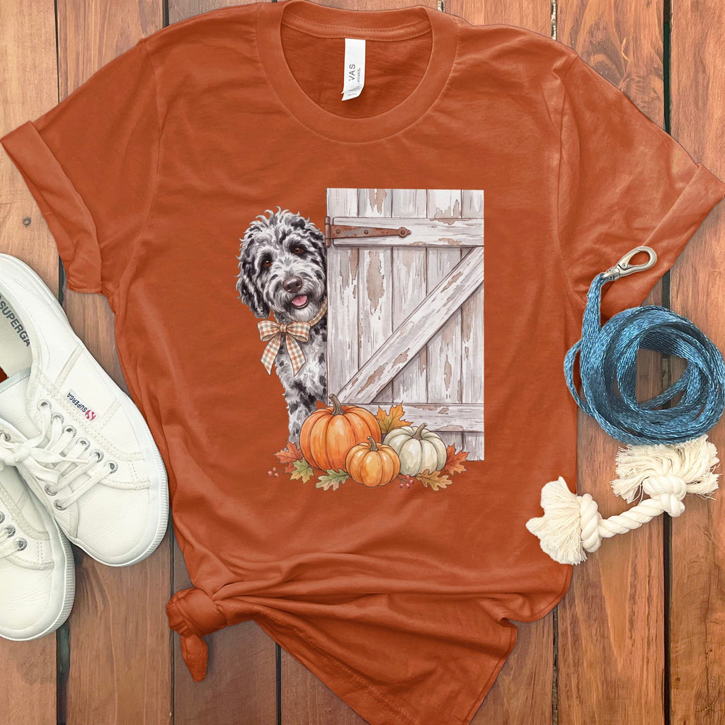 Merle Goldendoodle Barn Peeking T-Shirt in Autumn / S by Puppy Jo