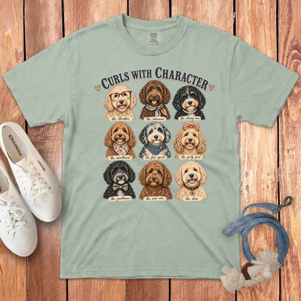 T-shirt with nine doodles, each with a descriptive label, above the text "Curls With Character".