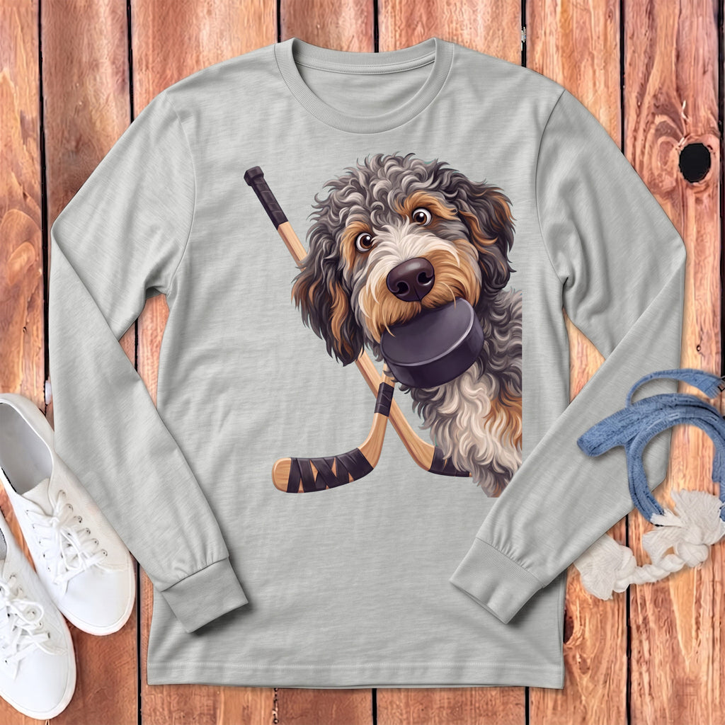 Aussiedoodle Hockey Long Sleeve T-Shirt in Athletic Heather / S by Puppy Jo