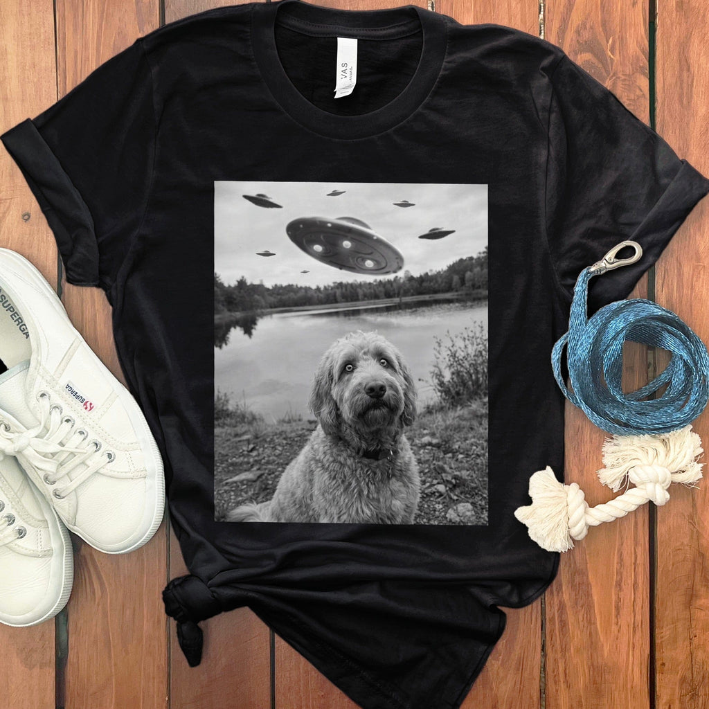 UFOs Flying Over Lake With Curious Dog T-Shirt