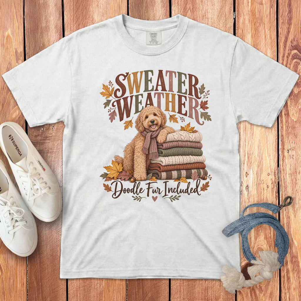 White t-shirt with "Sweater Weather" and "Doodle Fur Included" text and a dog.