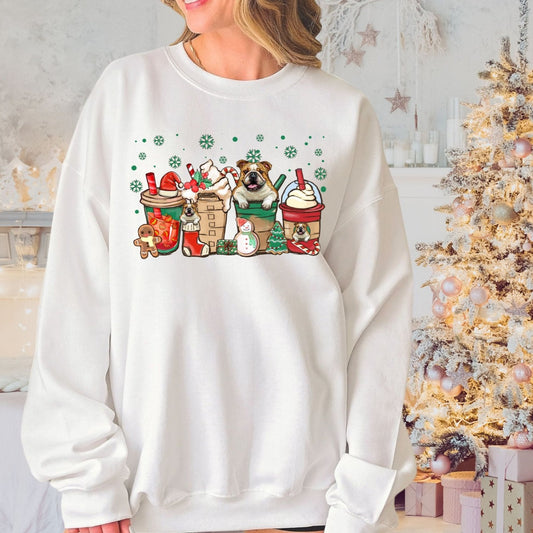 Christmas English Bulldogs and Coffee Sweatshirt - PuppyJo Sweatshirt