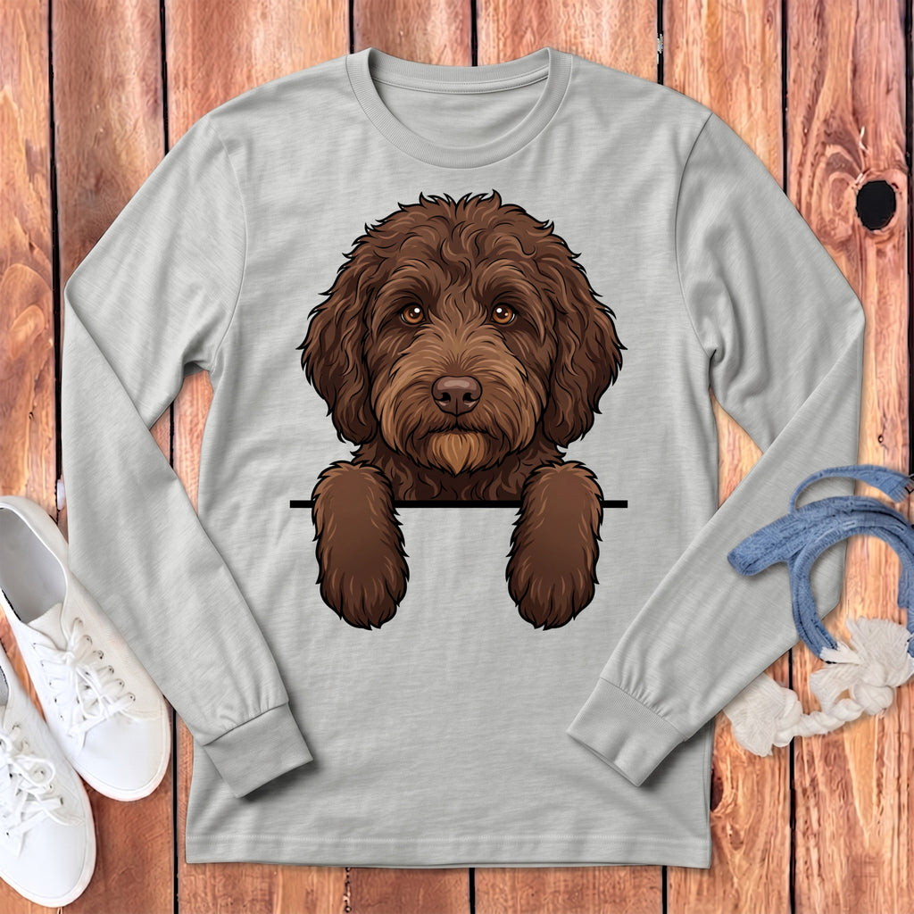 Light gray long-sleeve shirt with a brown doodle dog graphic.