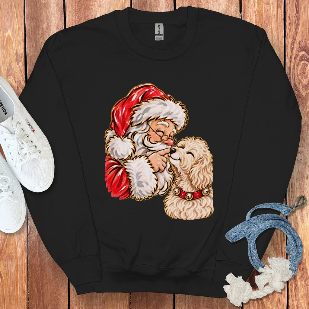 Cream Goldendoodle Santa Kiss Sweatshirt in Black / S by Puppy Jo