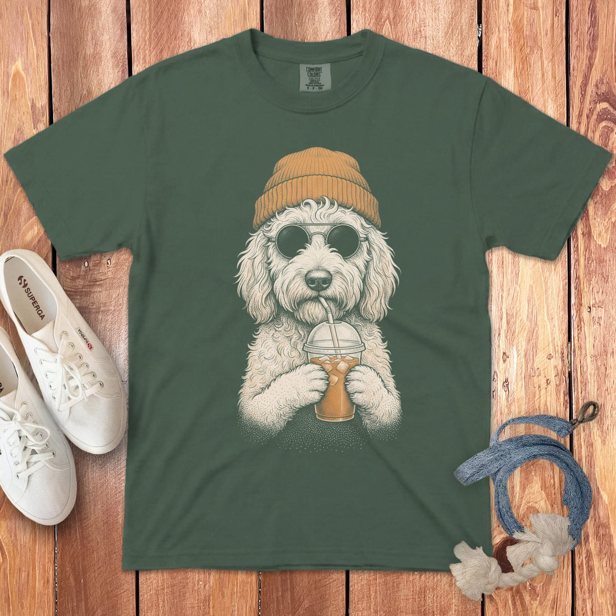 Cream Goldendoodle Ice Latte Signature T-Shirt in Blue Spruce / S by Puppy Jo