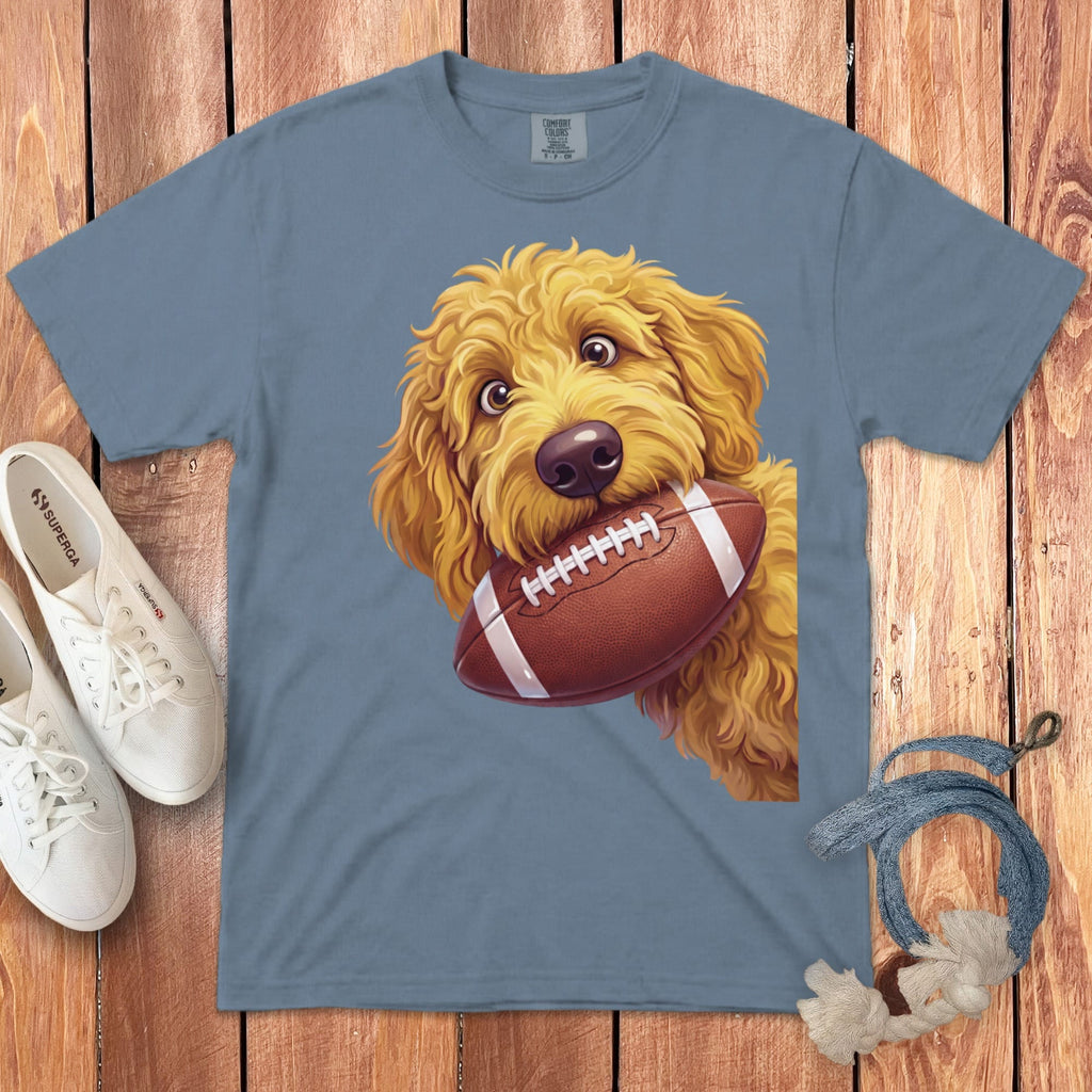Golden Goldendoodle Football Signature T-Shirt in Blue Jean / S by Puppy Jo