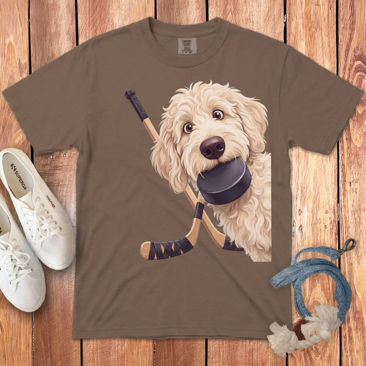 Cream Goldendoodle Hockey Signature T-Shirt in Espresso / S by Puppy Jo