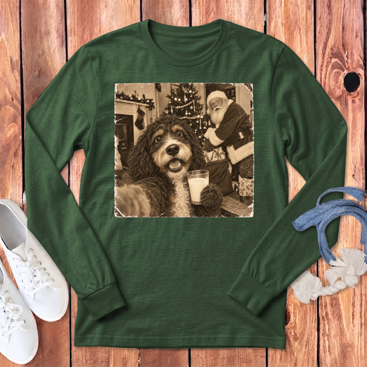 Dark green long-sleeve shirt featuring a vintage graphic of a dog holding a glass of milk with Santa in the background.