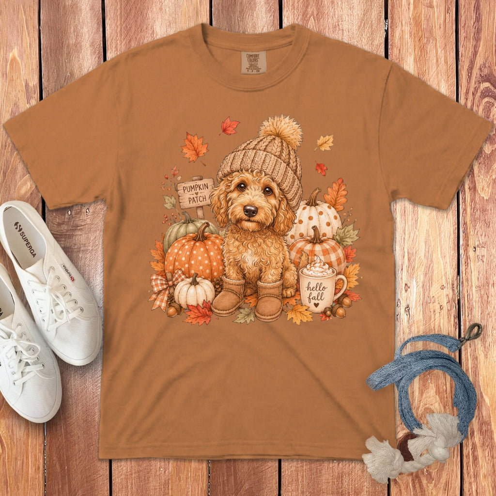Apricot Goldendoodle Pumpkin Patch Signature T-Shirt in Yam / S by Puppy Jo