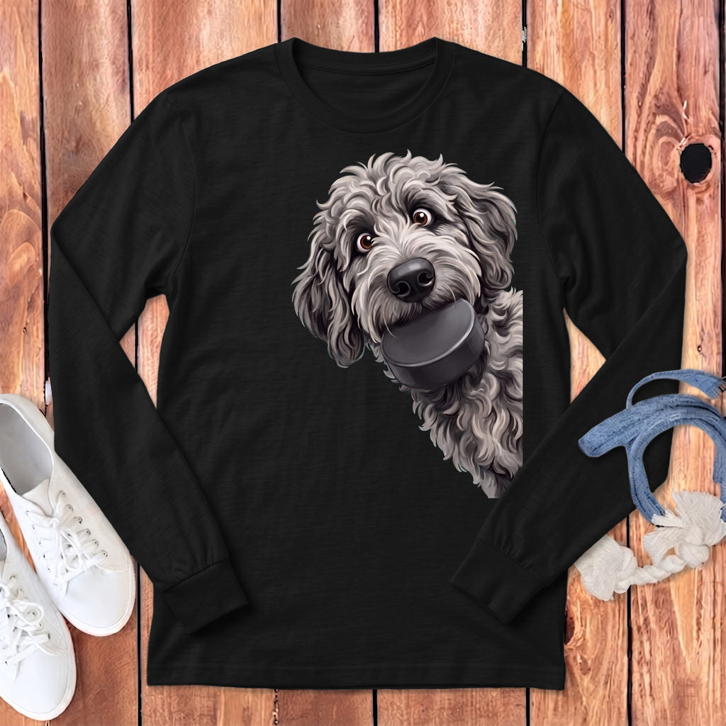 Merle Goldendoodle Hockey Puck Long Sleeve T-Shirt in Dark Grey Heather / S by Puppy Jo