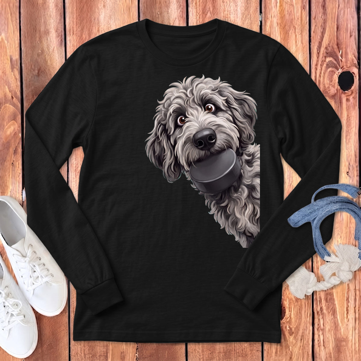 Merle Goldendoodle Hockey Puck Long Sleeve T-Shirt in Dark Grey Heather / S by Puppy Jo
