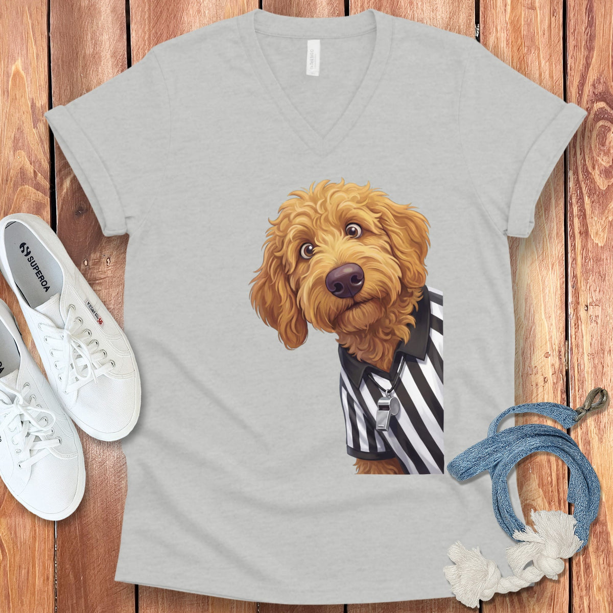 Apricot Goldendoodle Football Referee V-Neck T-Shirt in Athletic Heather / S by Puppy Jo