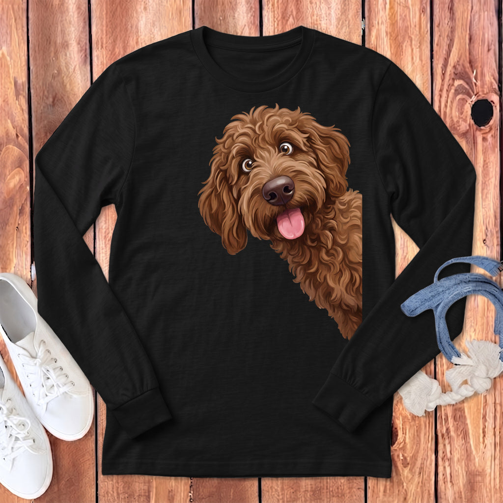 Black long sleeve t-shirt with a brown doodle dog illustration peeking from the side.