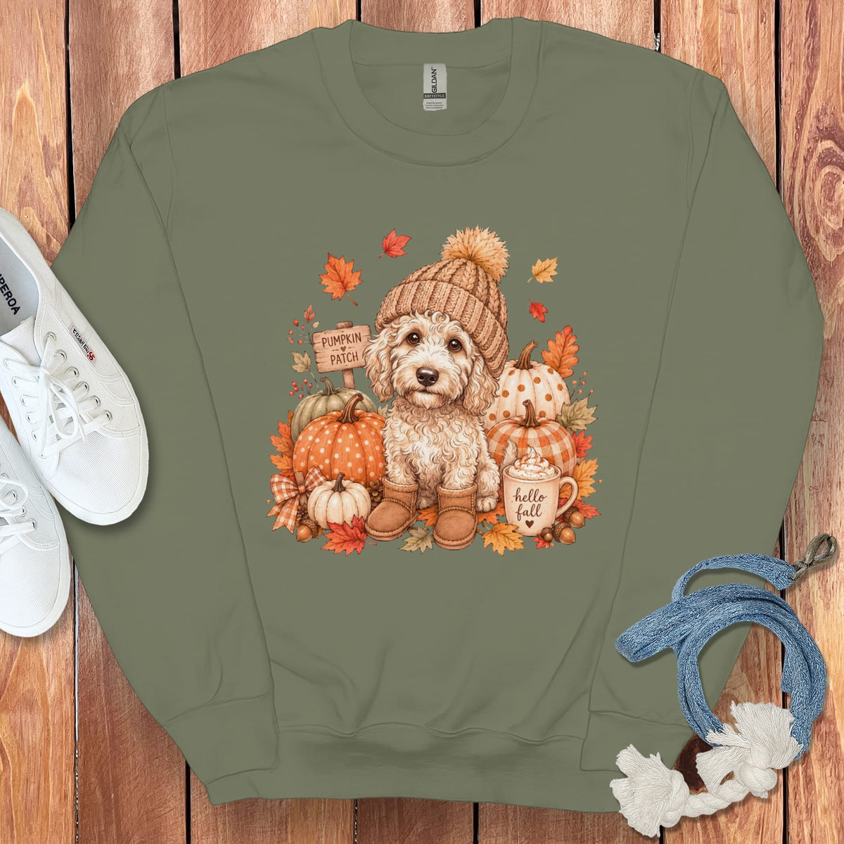 Maltipoo Pumpkin Patch Sweatshirt in Military Green / S by Puppy Jo