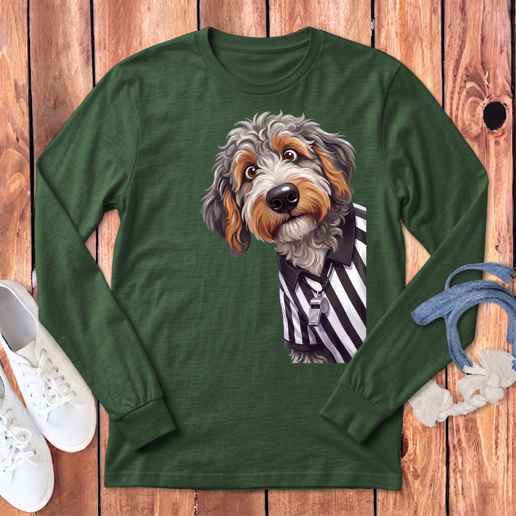Green long-sleeve shirt with a cartoon dog wearing a referee uniform and whistle.
