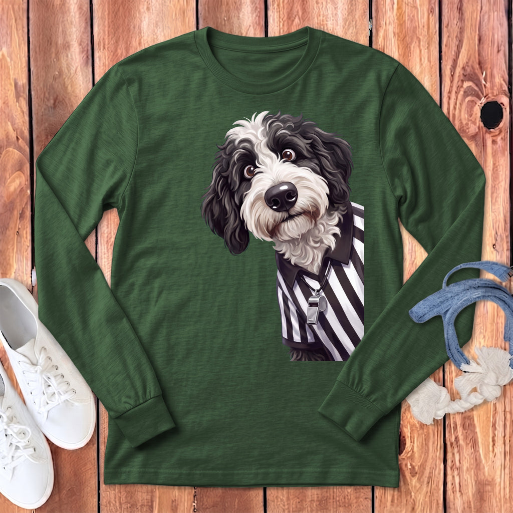 Green long-sleeve shirt with a black and white dog wearing a referee uniform.
