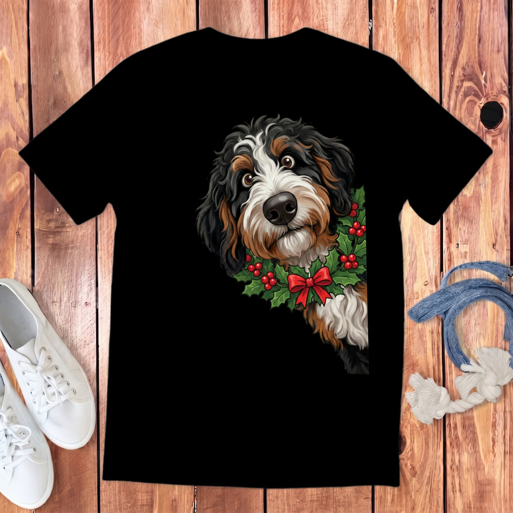 Black t-shirt with Bernese Mountain Dog peeking from a Christmas wreath.