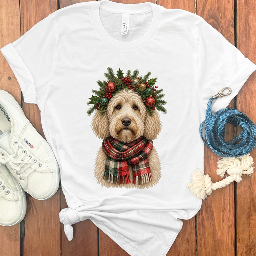Cream Goldendoodle Holiday Crown T-Shirt in White / S by Puppy Jo