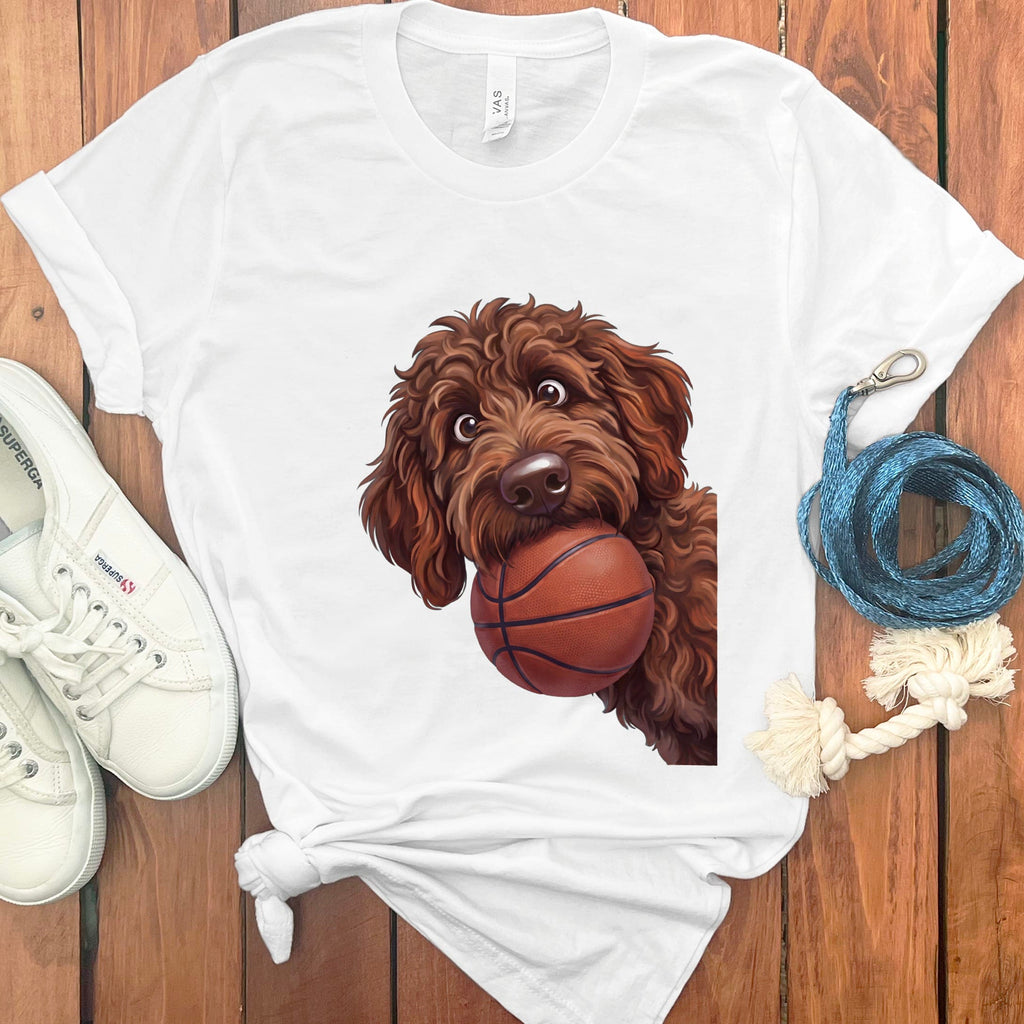 Chocolate Goldendoodle Basketball T-Shirt in White / S by Puppy Jo