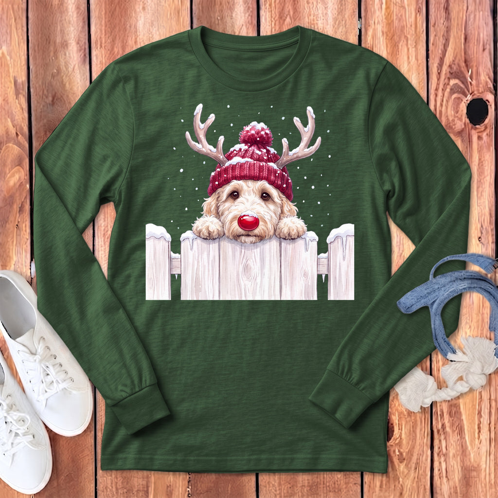 Green long-sleeve shirt with a doodle dog wearing a Santa hat and antlers.