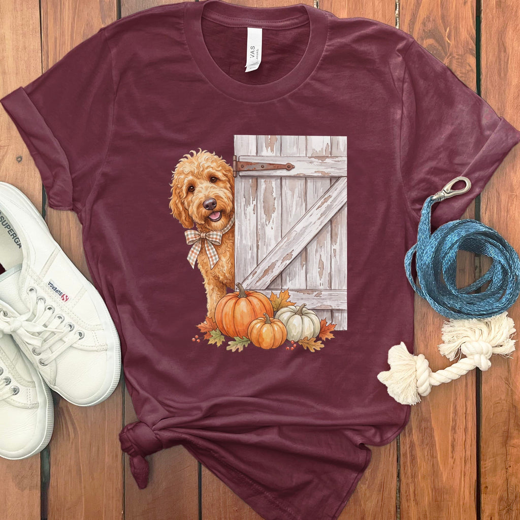 Golden Goldendoodle Barn Peeking T-Shirt in Maroon / S by Puppy Jo