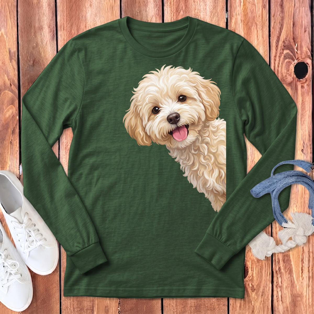 Green long-sleeved shirt with a happy fluffy dog graphic on the front.