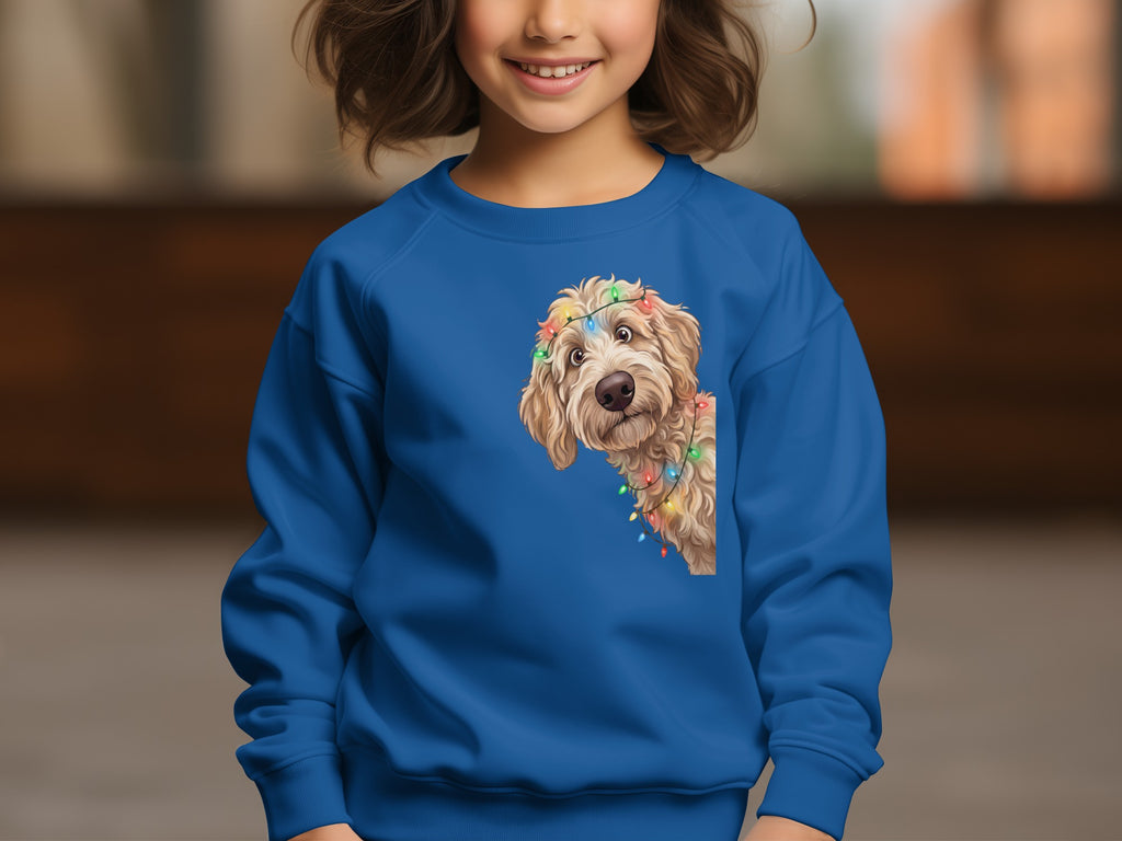 Blue sweatshirt with a cartoon dog wearing Christmas lights design.