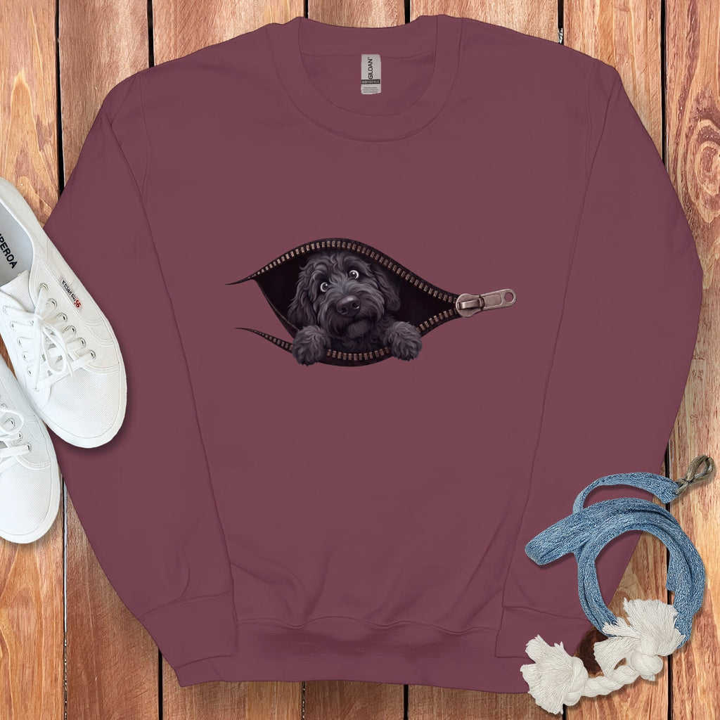 Black Goldendoodle Peeking Zipper Sweatshirt in Maroon / S by Puppy Jo