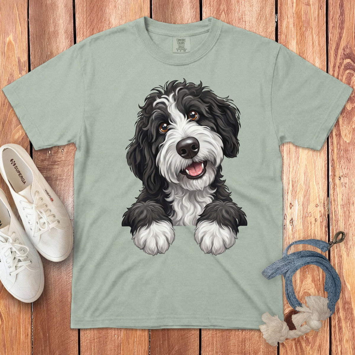 A black and white dog illustration is printed on a light green t-shirt.