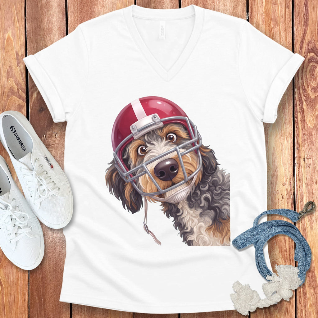 Aussiedoodle Football Helmet V-Neck T-Shirt in White / S by Puppy Jo