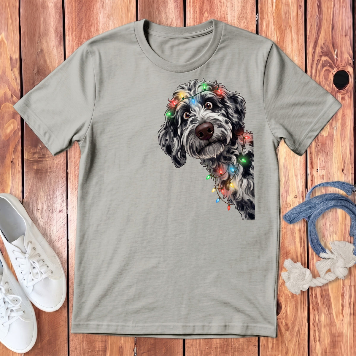 Grey t-shirt with black and white dog peeking out, adorned with colorful Christmas lights.