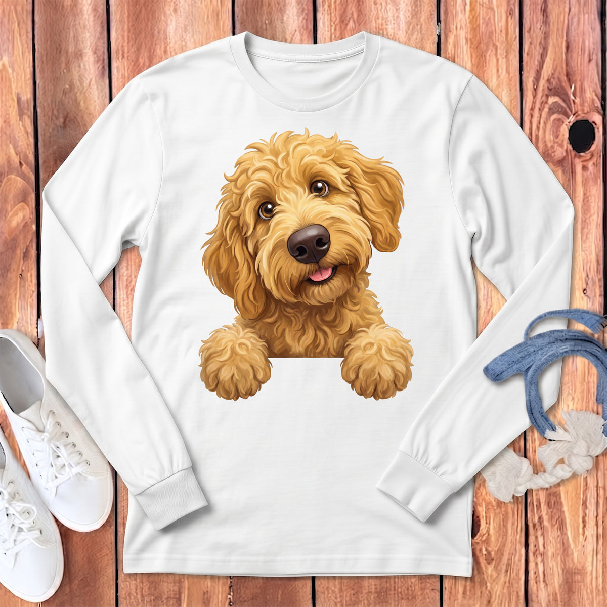 White long sleeve shirt with a watercolor illustration of a golden doodle puppy.